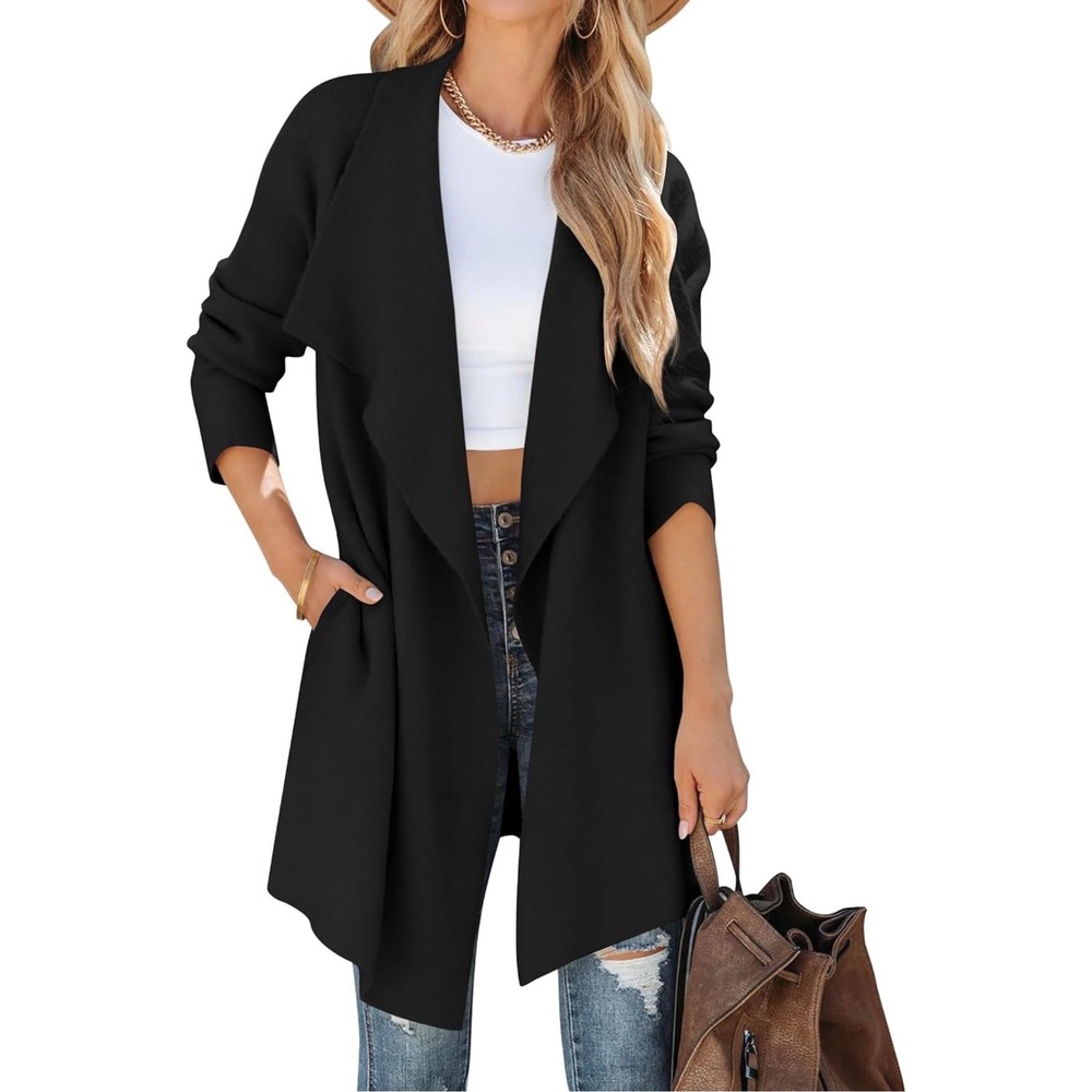 Zesica Black‎ Waterfall Cardigan Sweater Long Sleeve Pockets Size L